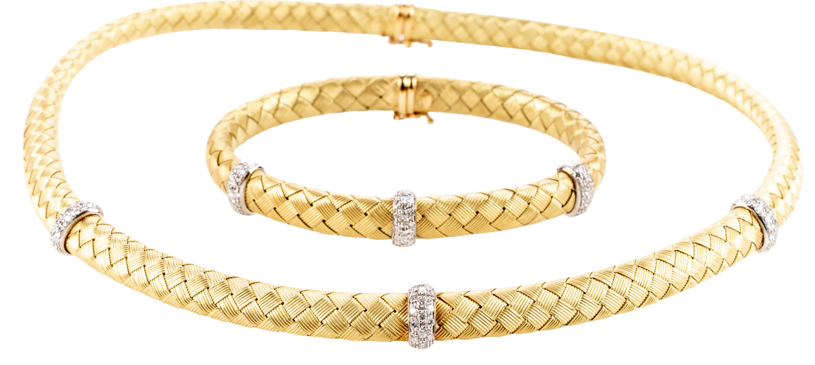 18k Yellow Gold Woven Silk Roberto Coin Diamond Italian Necklace & Bracelet